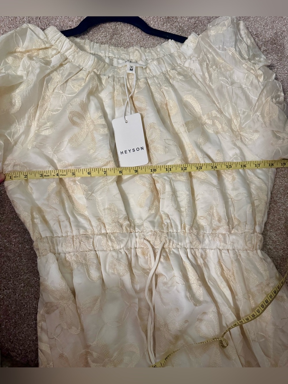 Neutral Cream Embroidered Midi Dress with Drawstring Waist - Picture 8 of 9